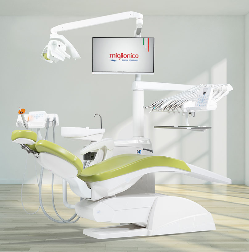 Riunito odontoiatrico con carenature in poliuretano